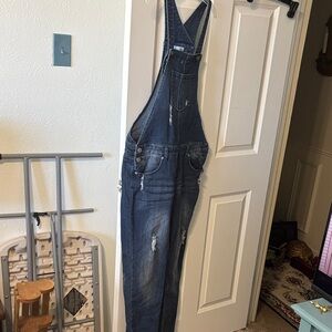 Distressed Denim Overalls - Dark Blue